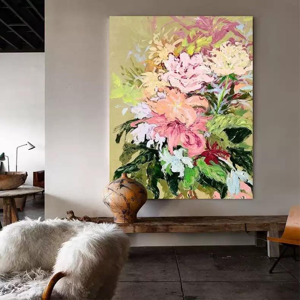 Blush Peony Bouquet on Olive Gold Background Floral Art Poster - Image 2
