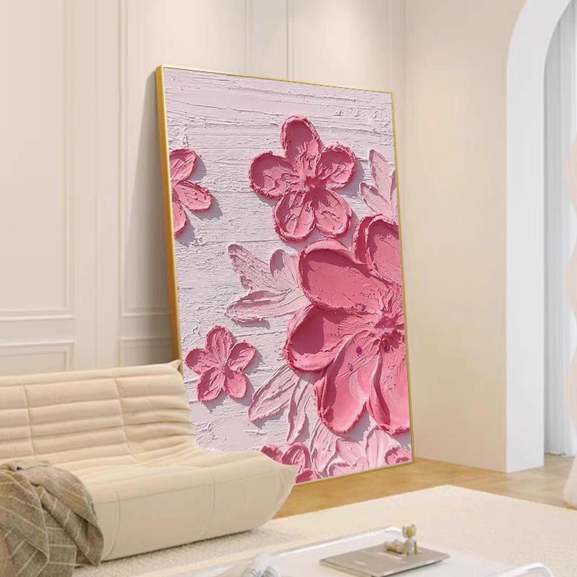 Pink 3D Textured Flowers on Blush Background Floral Art Poster - Image 4