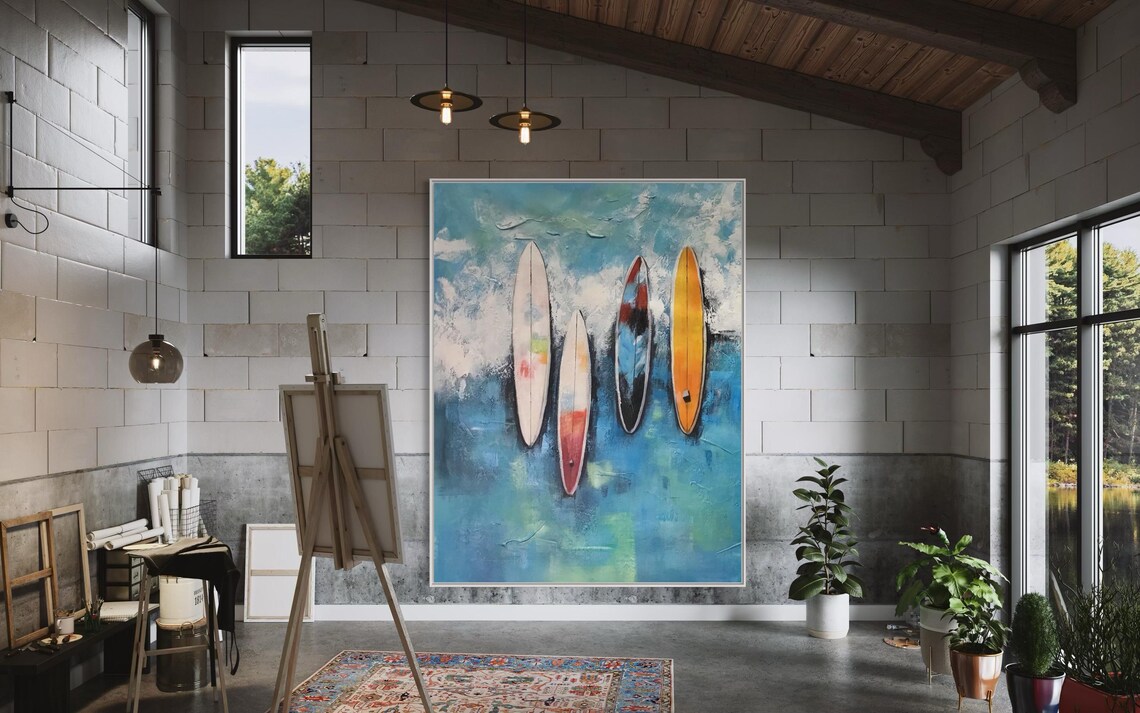 Four Colorful Surfboards Against Blue Ocean Waves Art Poster - Image 4