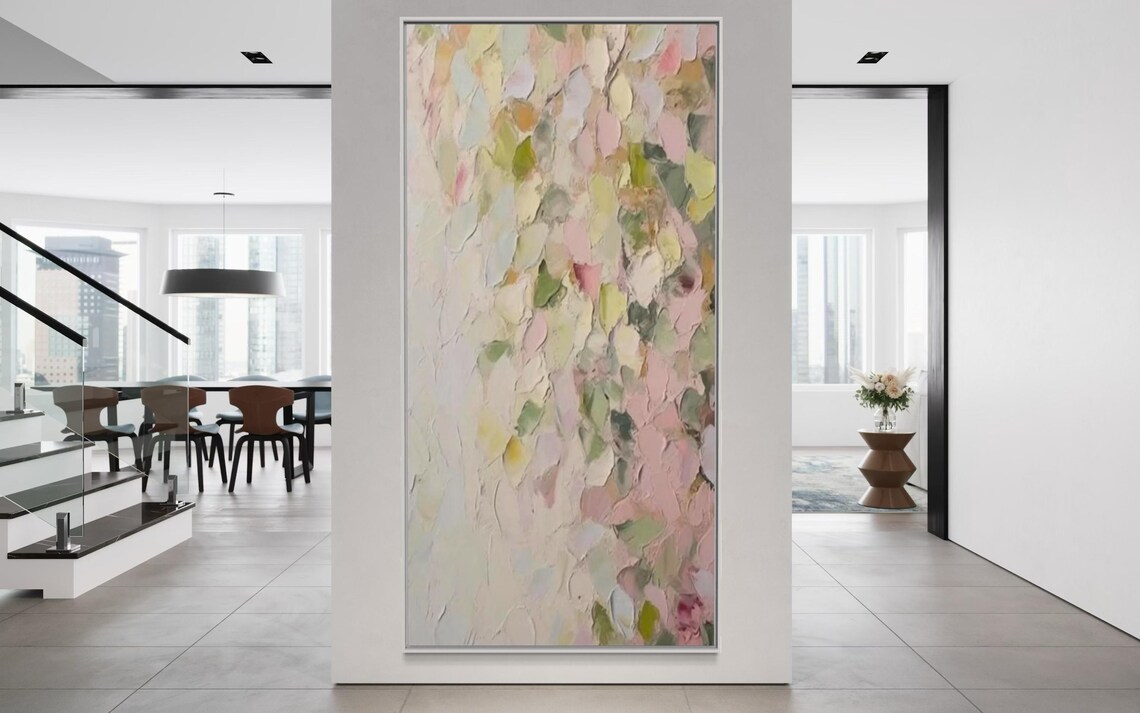 Pastel Pink Green Petals Abstract Impasto Vertical Floral Poster - Image 4