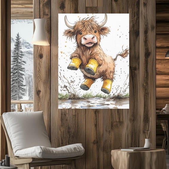 Rustic Cow Canvas Print Farmhouse Nursery Playroom Animal Art Quirky Barn Artwork Highland Decor Cabin Wall Hanging