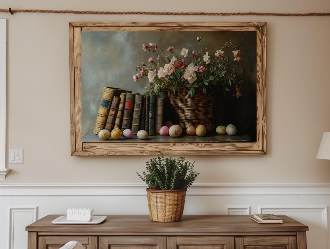 Spring Still Life With Easter Eggs Old Books and Flowers Poster - Image 2