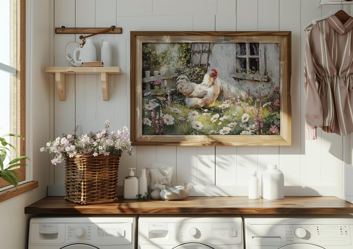 White Rooster Among Daisies in a Farmhouse Garden Art Poster - Image 3