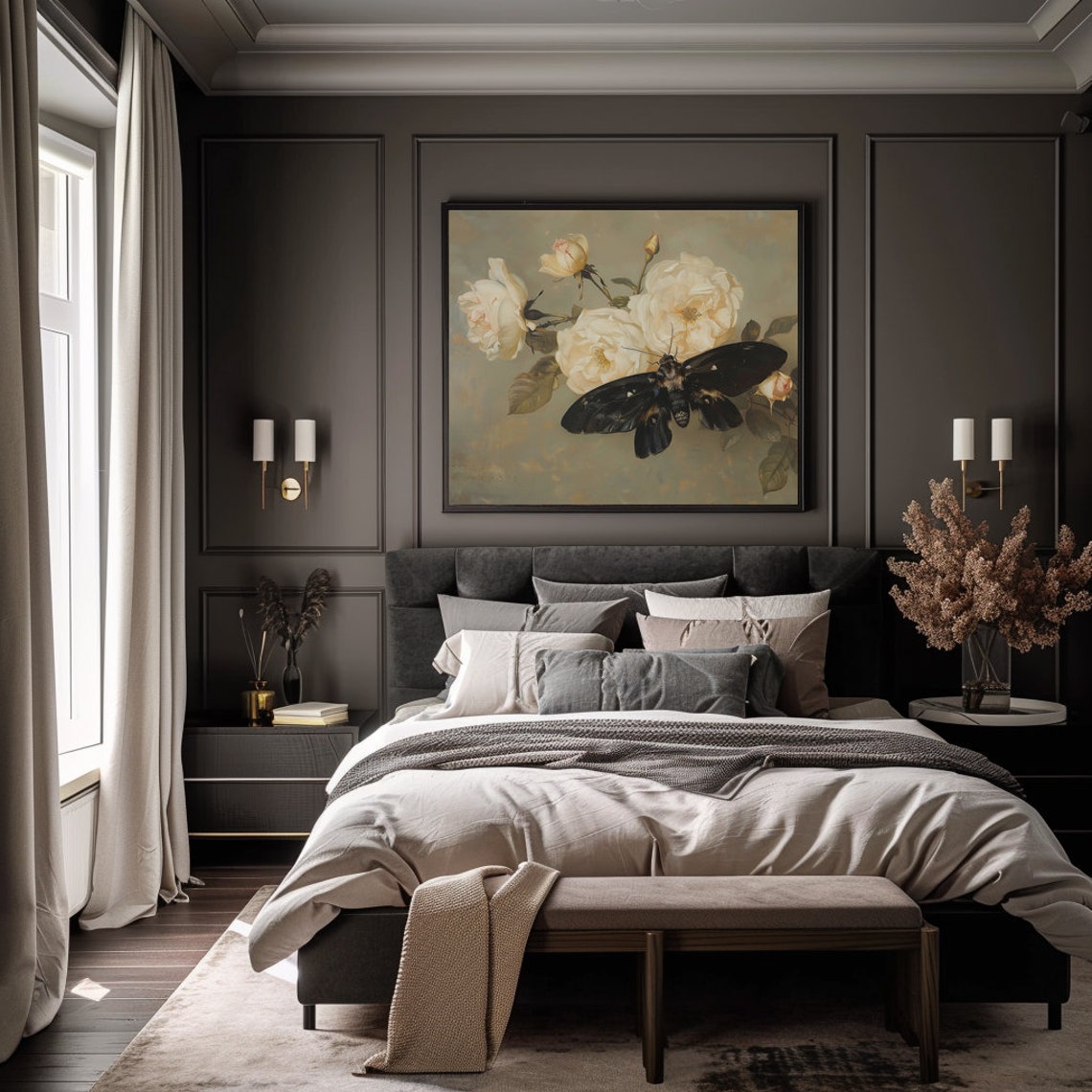 Black Moth Among Cream White Roses Soft Cottagecore Floral Poster - Image 3