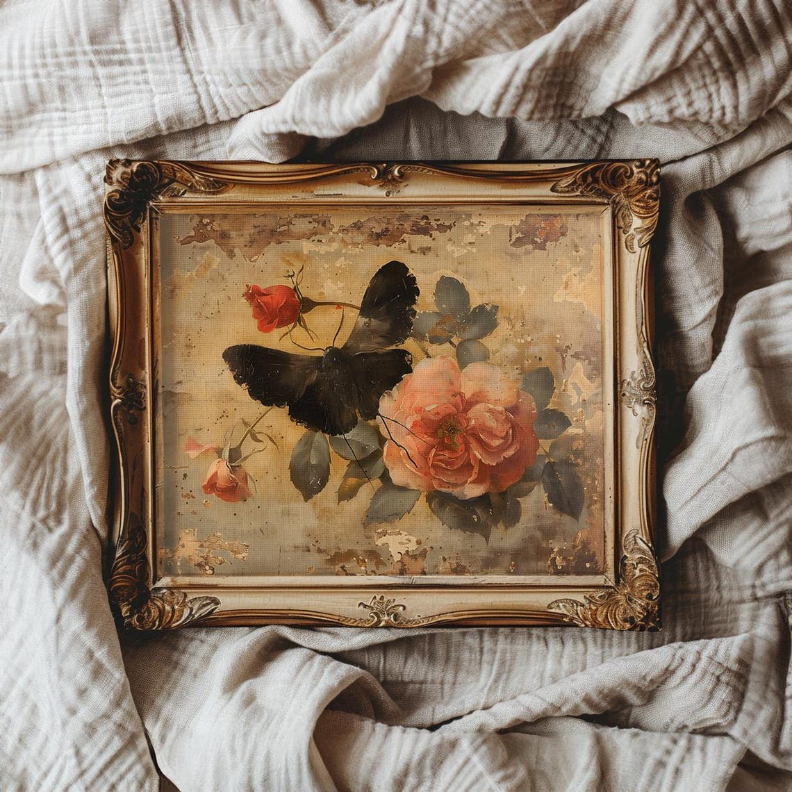 Black Moth Resting Among Roses On Aged Cottagecore Canvas Poster - Image 4