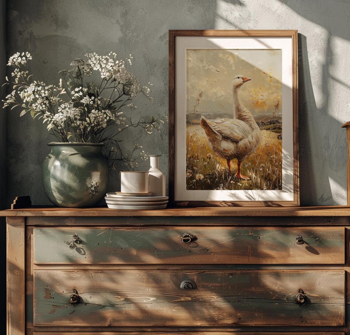 White Goose Standing In Golden Field Vintage Farm Scene Poster - Image 3