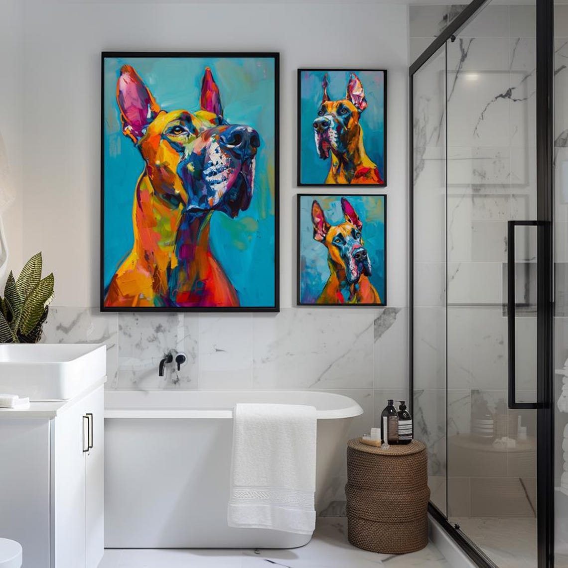 Three Colorful Great Dane Portraits Pop Art Blue Gallery Poster - Image 3