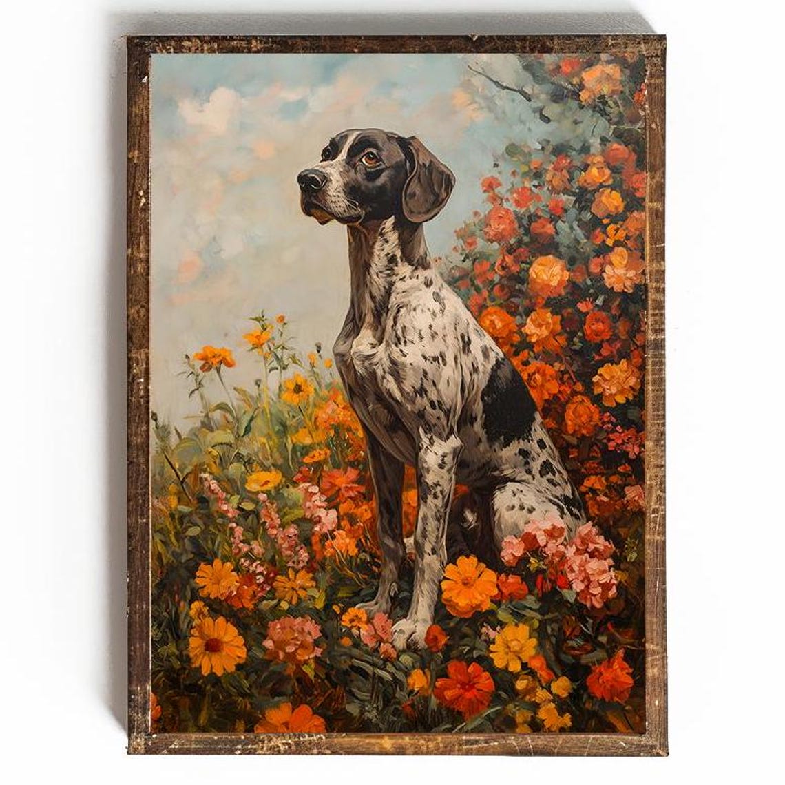 German Shorthaired Pointer Sitting Among Bright Flowers Dog Poster