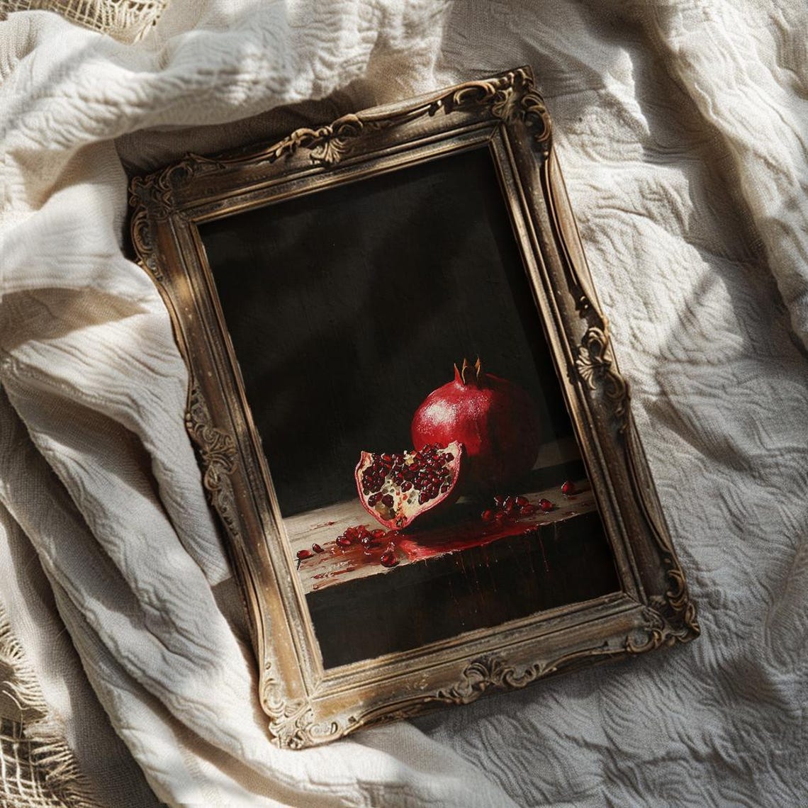 Whole Pomegranate with Dripping Juice on a Dark Wooden Table Poster - Image 2