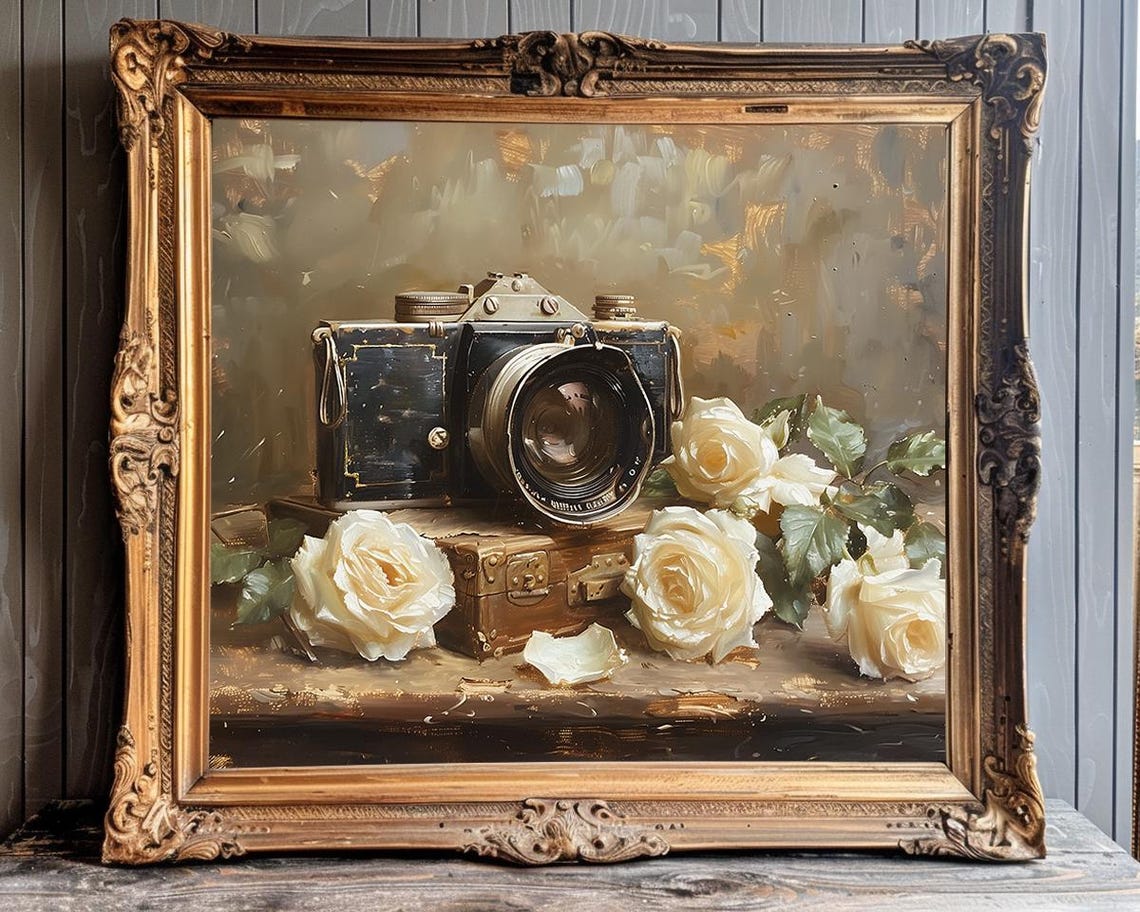 Vintage Film Camera with Ivory White Roses Rustic Still Life Poster - Image 3
