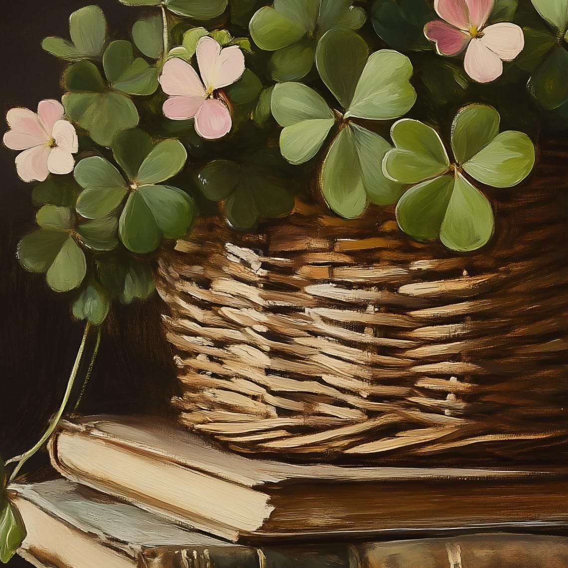 Blooming Clover in a Wicker Basket on Stacked Antique Books Poster - Image 2