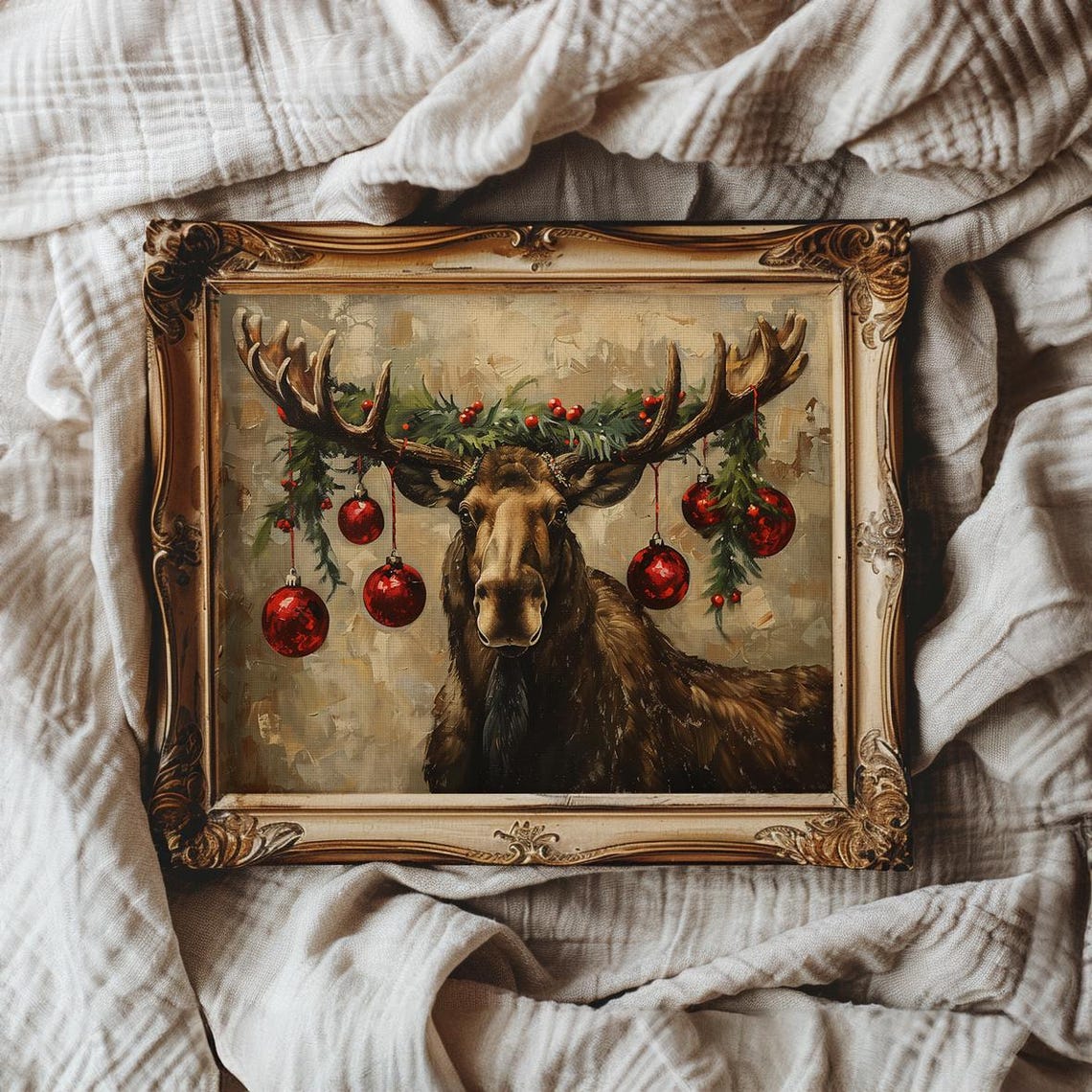 Funny Moose with Christmas Ornaments on Antlers Holiday Poster - Image 2