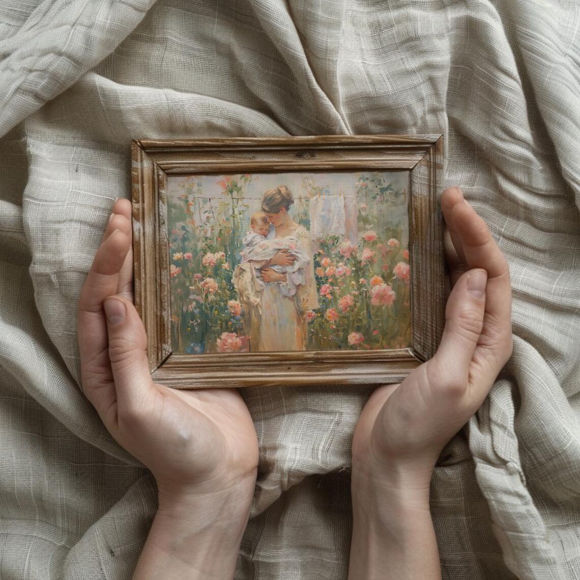 Mother Embracing Baby In Blooming Garden Vintage Nursery Poster - Image 4
