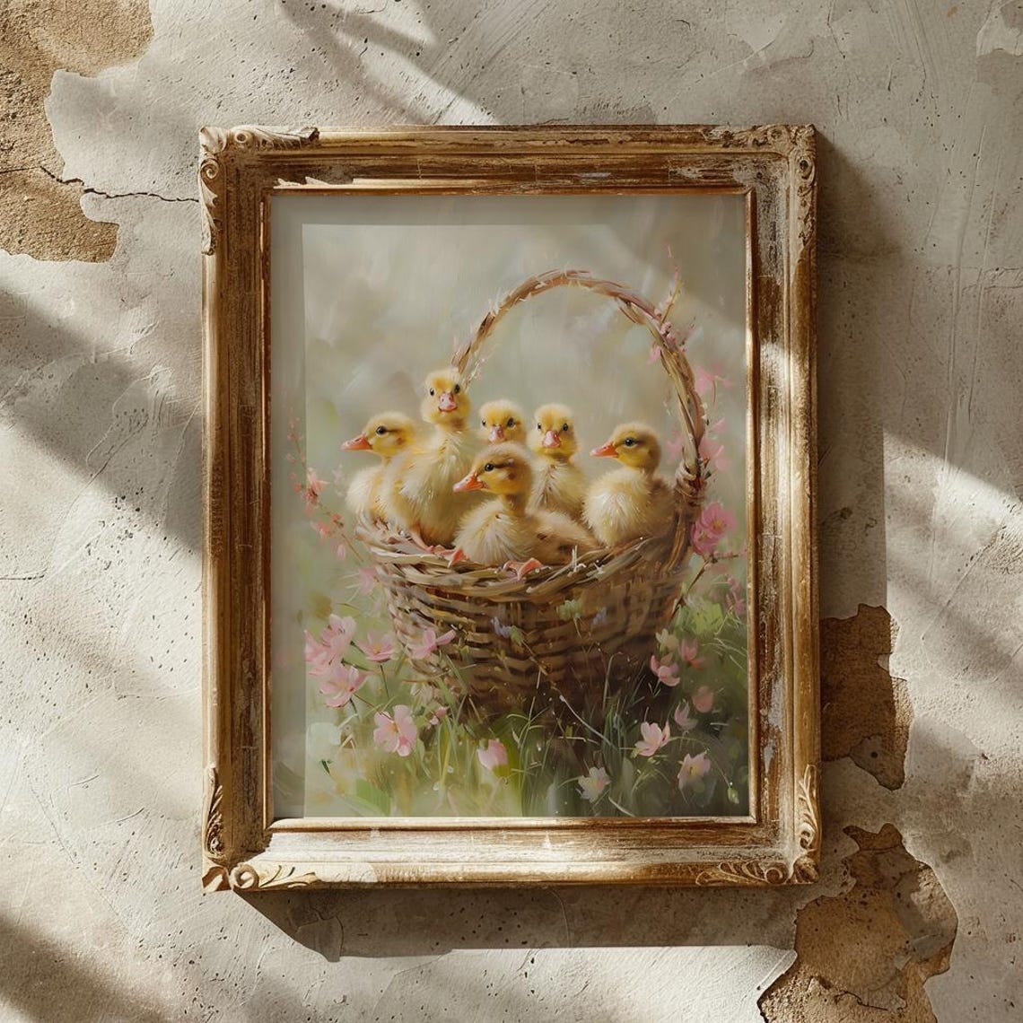 Five Ducklings in a Wicker Basket with Spring Flowers Poster - Image 2