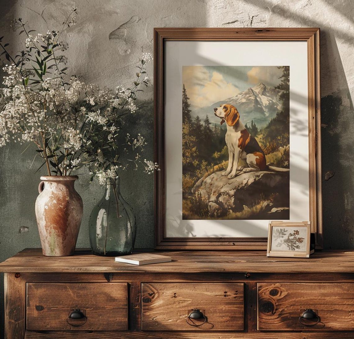 Beagle Sitting On Rock Below Snowy Mountain Peak Forest Poster - Image 2