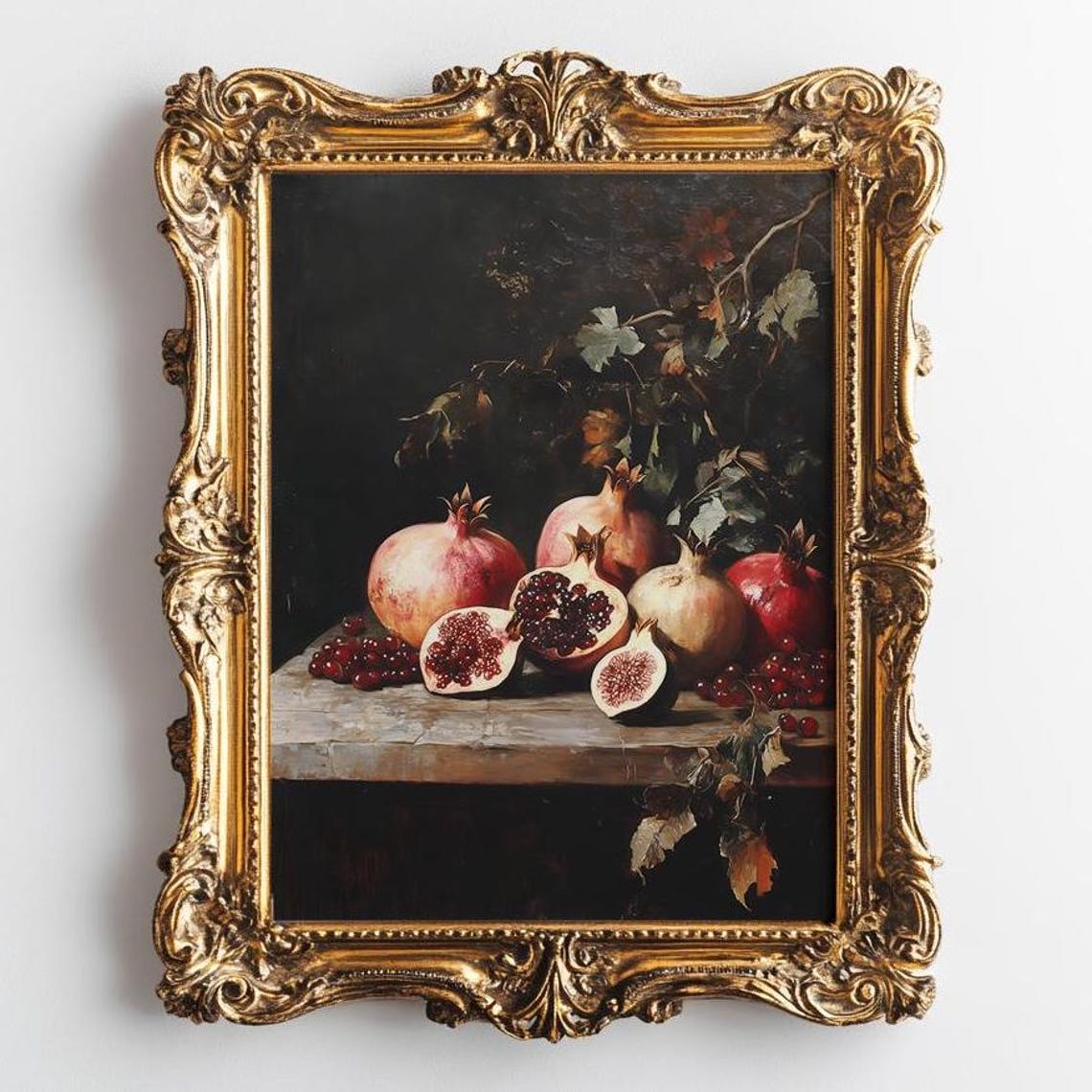 Moody Pomegranate and Fig Still Life in an Ornate Gold Frame Poster