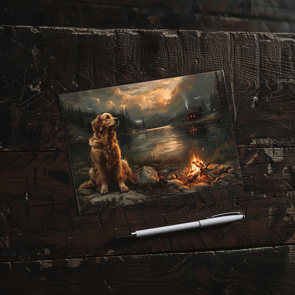 Golden Retriever by a Campfire at Sunset on a Mountain Lake Poster - Image 3