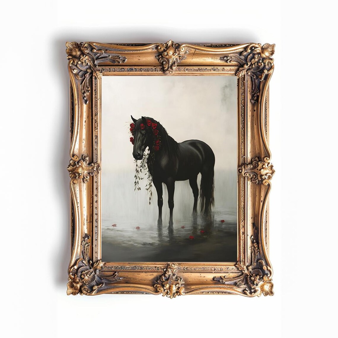 Black Horse Adorned With Red Roses Standing In Misty Water Poster - Image 3