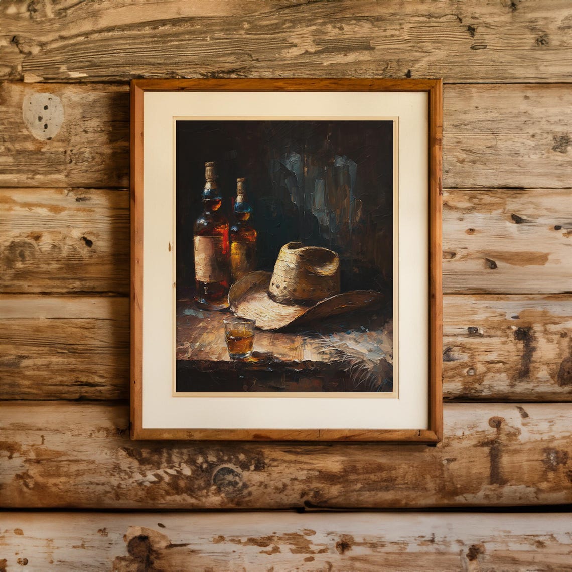 Cowboy Hat And Whiskey Bottles On Table Dark Western Still Poster - Image 4