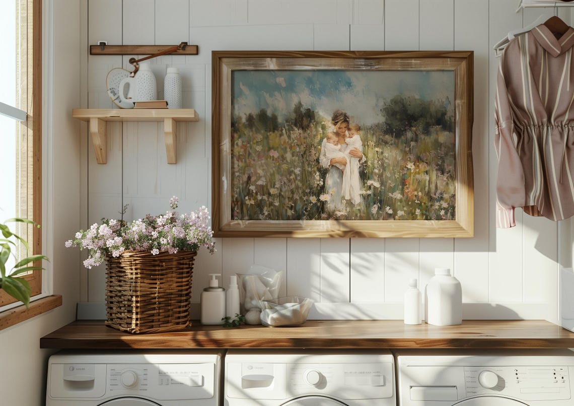 Mother Holding Two Babies In Sunlit Wildflower Field Art Poster - Image 2