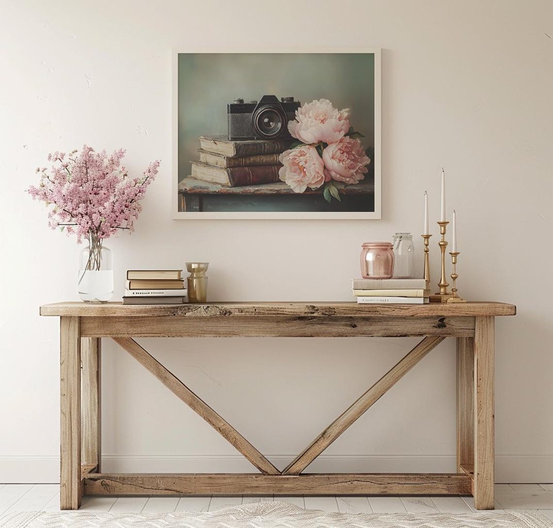 Vintage Film Camera With Books and Pink Peonies Still Life Poster - Image 2
