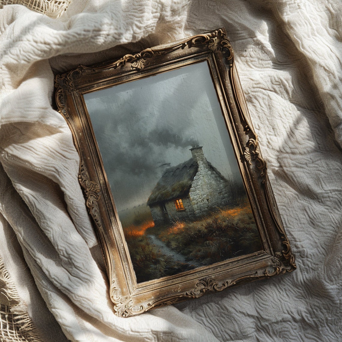 Misty Stone Cottage with Thatched Roof at Dusk Vintage Poster - Image 2