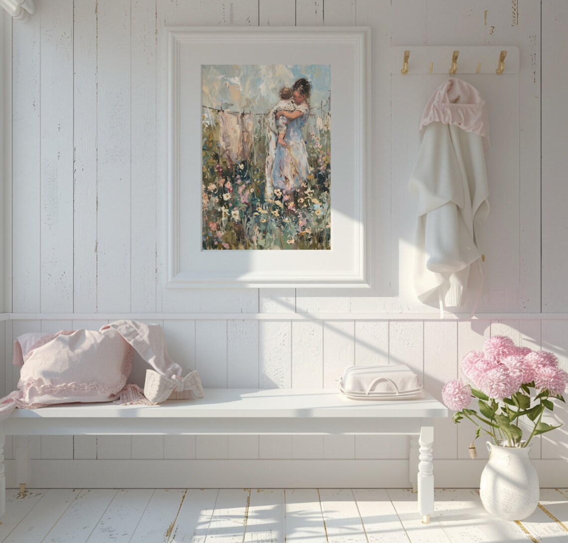 Mother Cradling Baby in a Blooming Garden by a Clothesline Poster - Image 3