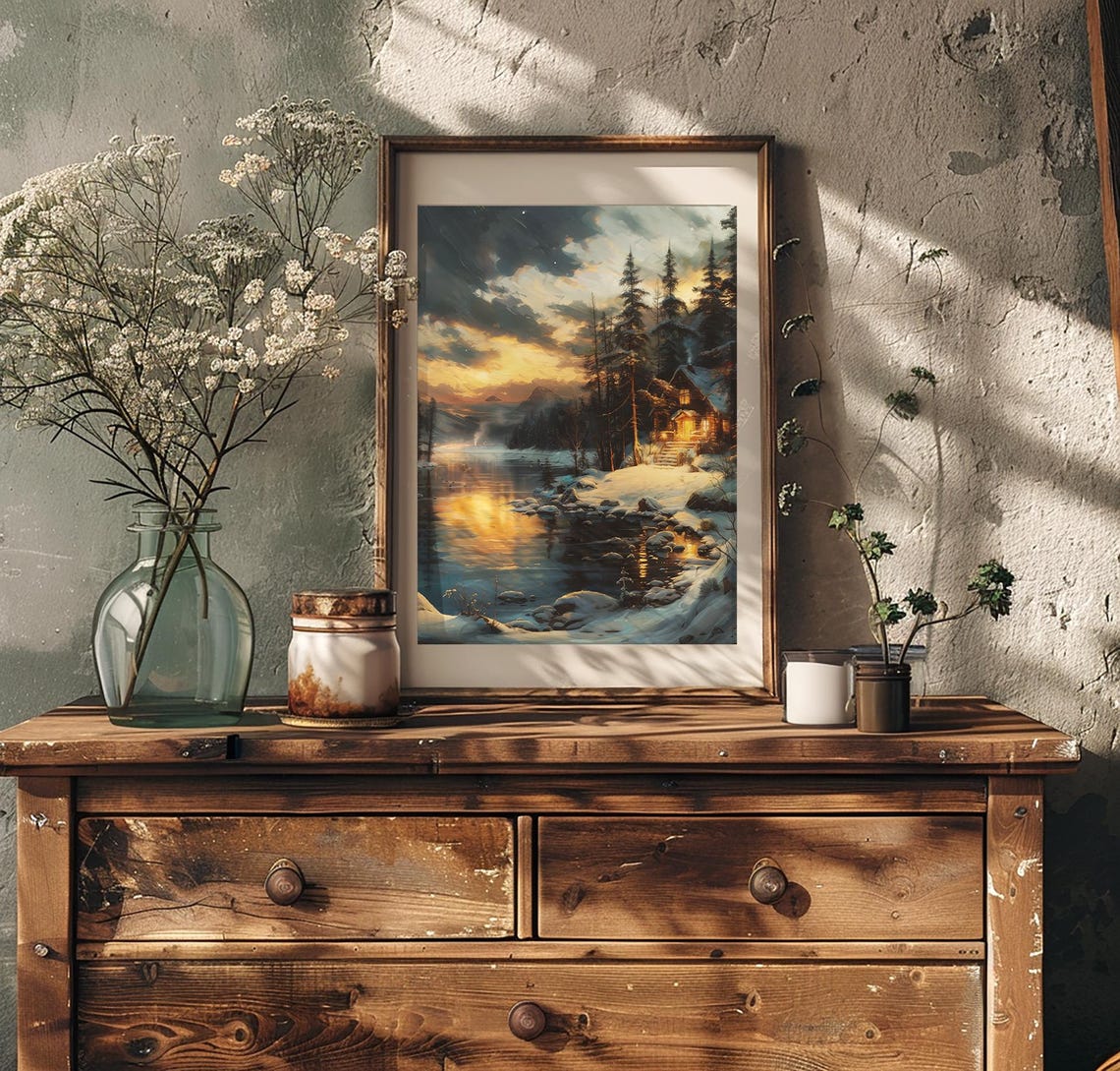 Winter Cabin on the Lake at Sunset Cozy Snowy Lodge Scene Poster - Image 3