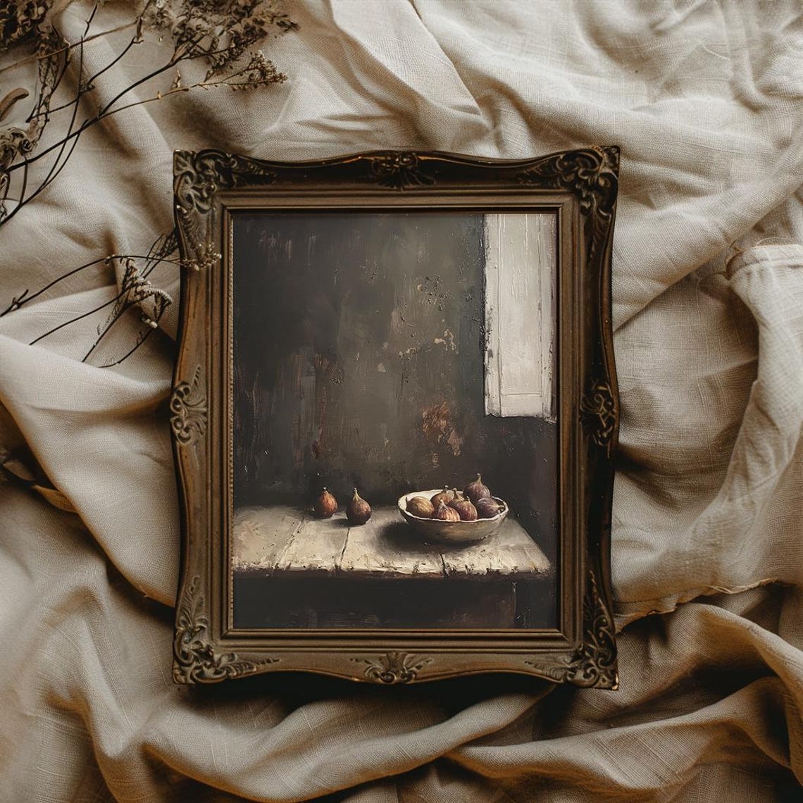 Dark Fig Still Life with a Bowl of Figs on a Rustic Table Poster - Image 3