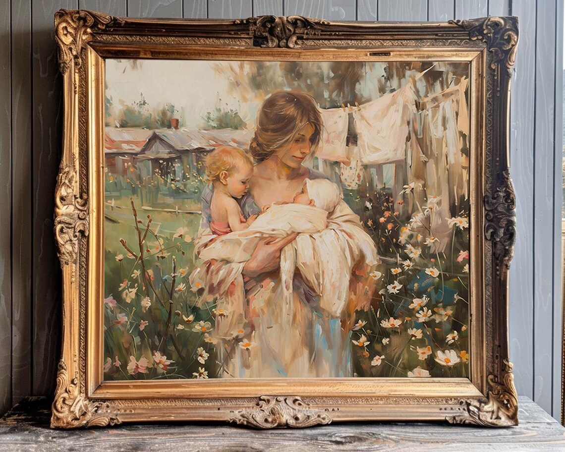Mother Holding Two Children by a Homestead Clothesline Poster - Image 4