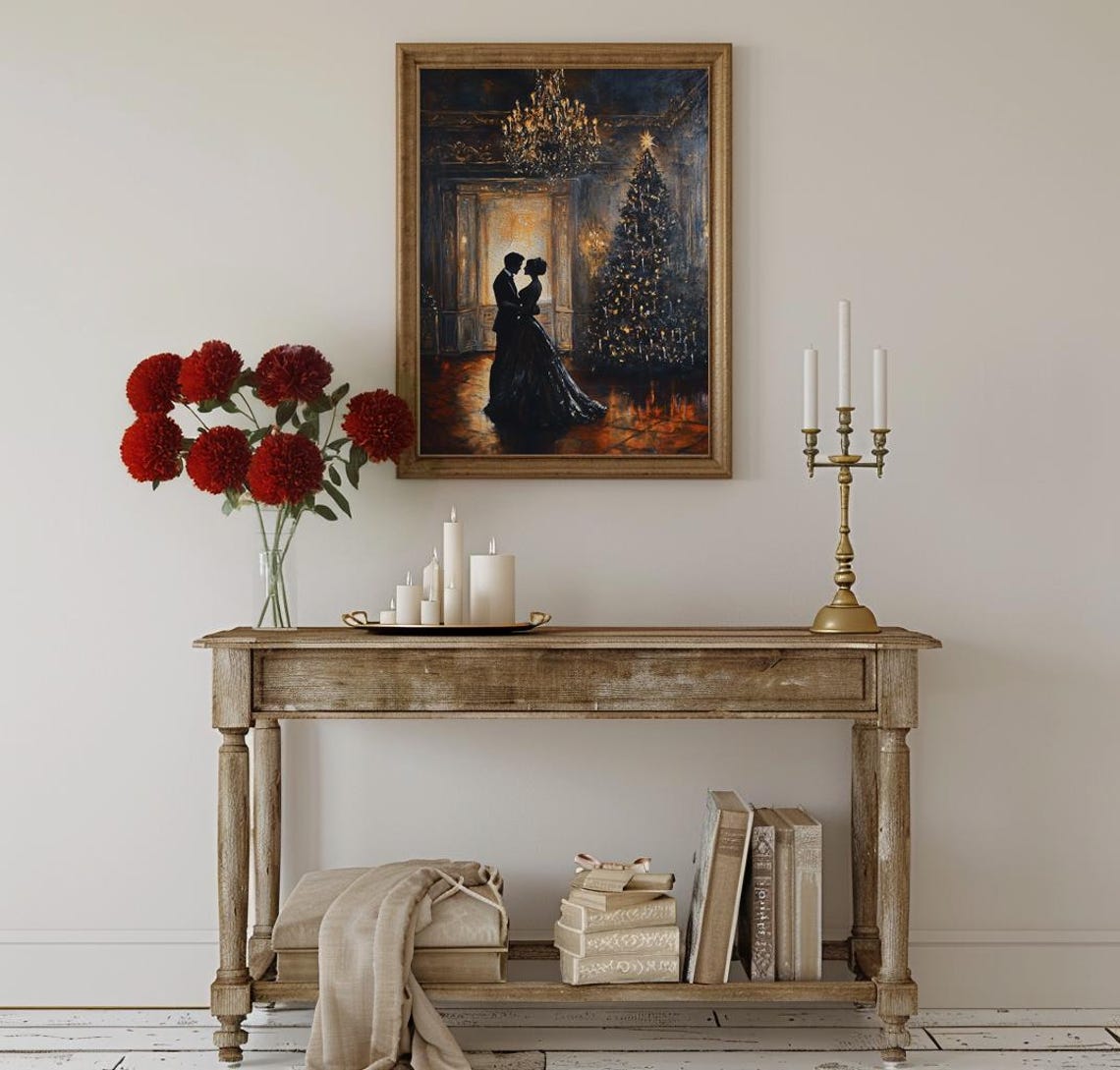 Couple Dancing in a Candlelit Ballroom with Christmas Tree Poster - Image 2