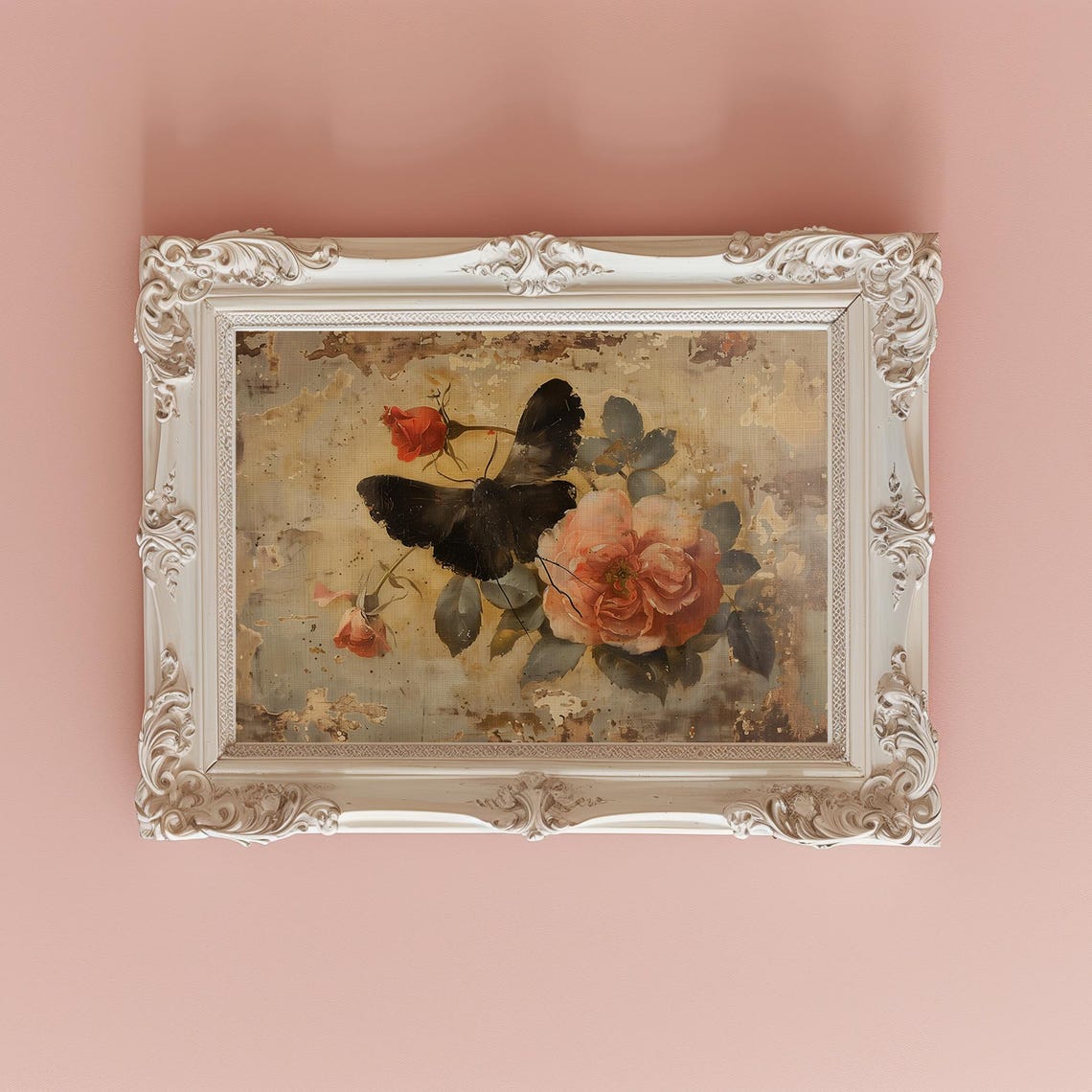 Black Moth on Peach Roses Vintage Crackled Botanical Art Poster - Image 2