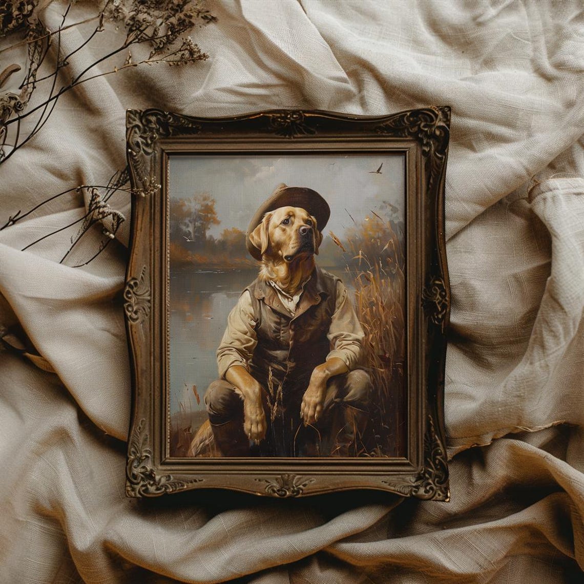 Labrador Retriever in a Hat and Vest by the Quiet Marsh Poster - Image 4