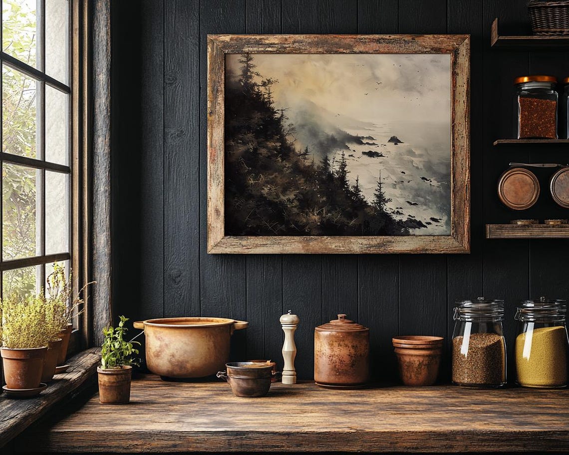 Moody Foggy Coastline with Pine Cliffs and Distant Seabirds Poster - Image 2