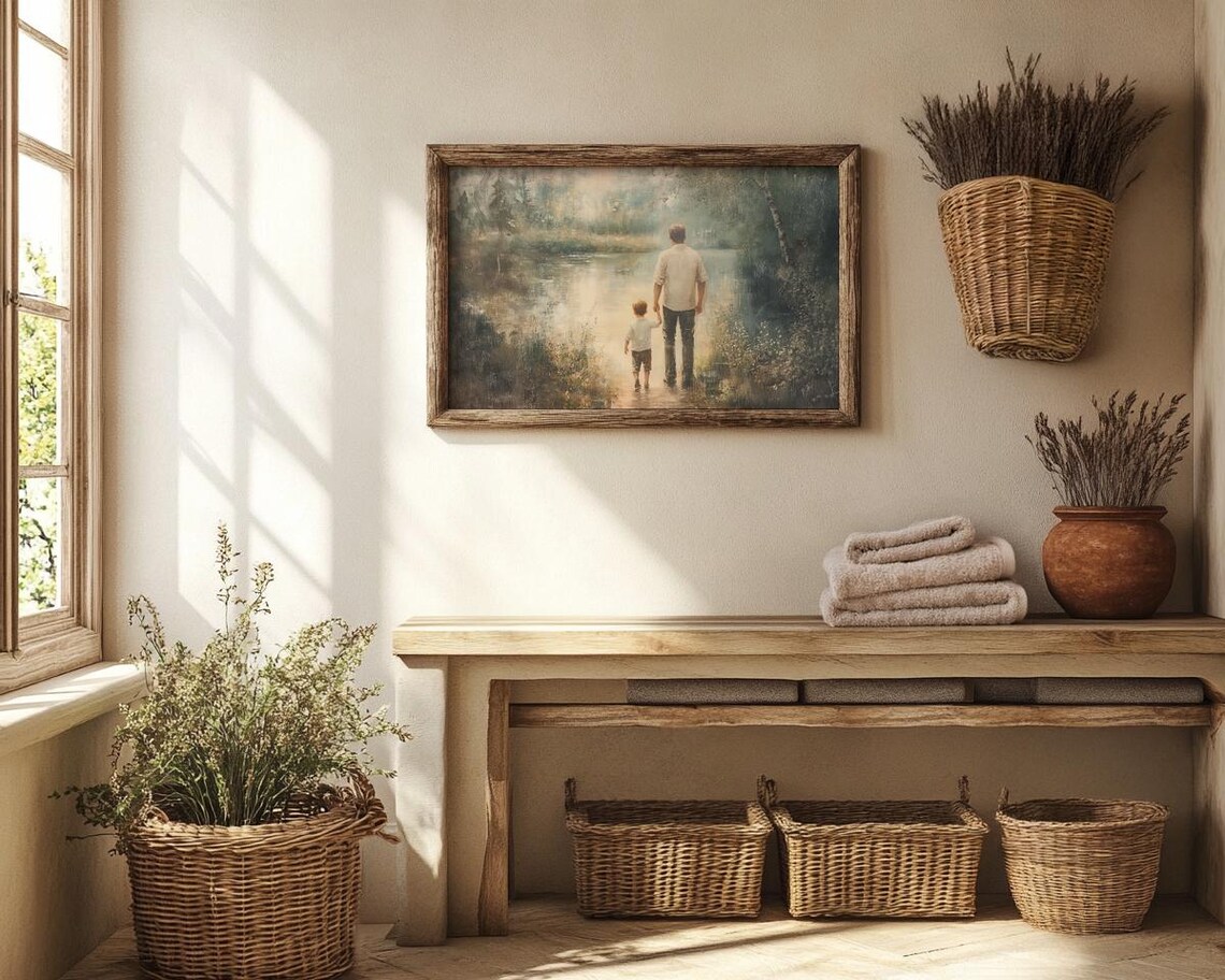Father And Son Walking Hand In Hand By A Misty Lake Painting Poster - Image 3