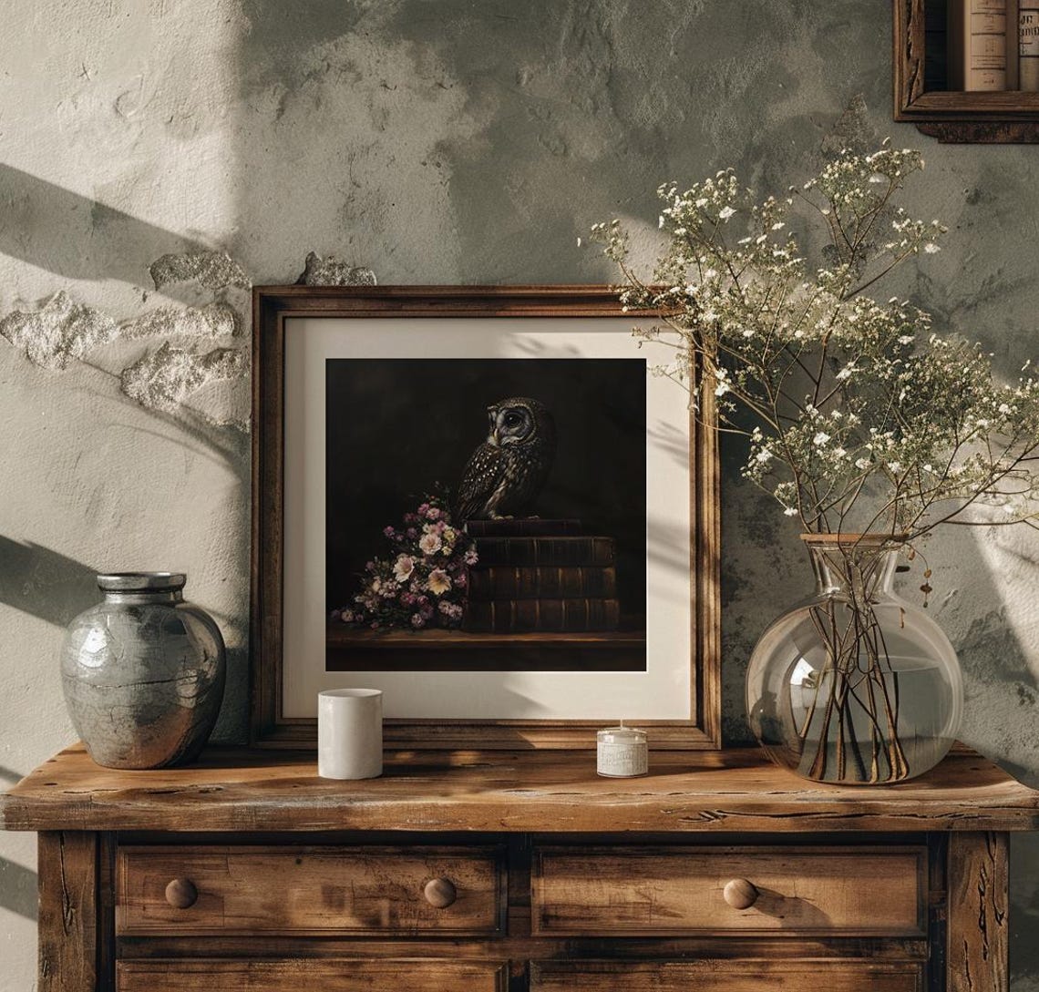 Spotted Owl Perched on a Tall Stack of Antique Leather Books Poster - Image 2