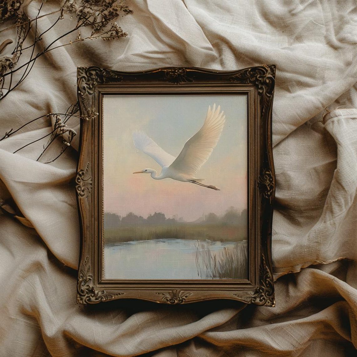 White Egret Soaring Over A Marsh In Golden Hour Coastal Bird Poster - Image 3