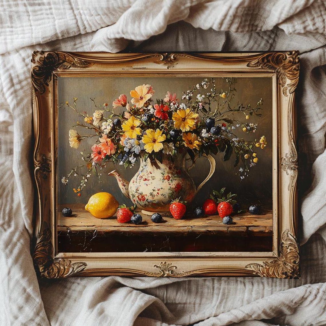 Wildflower Bouquet In a Floral Teapot With Summer Fruit Poster