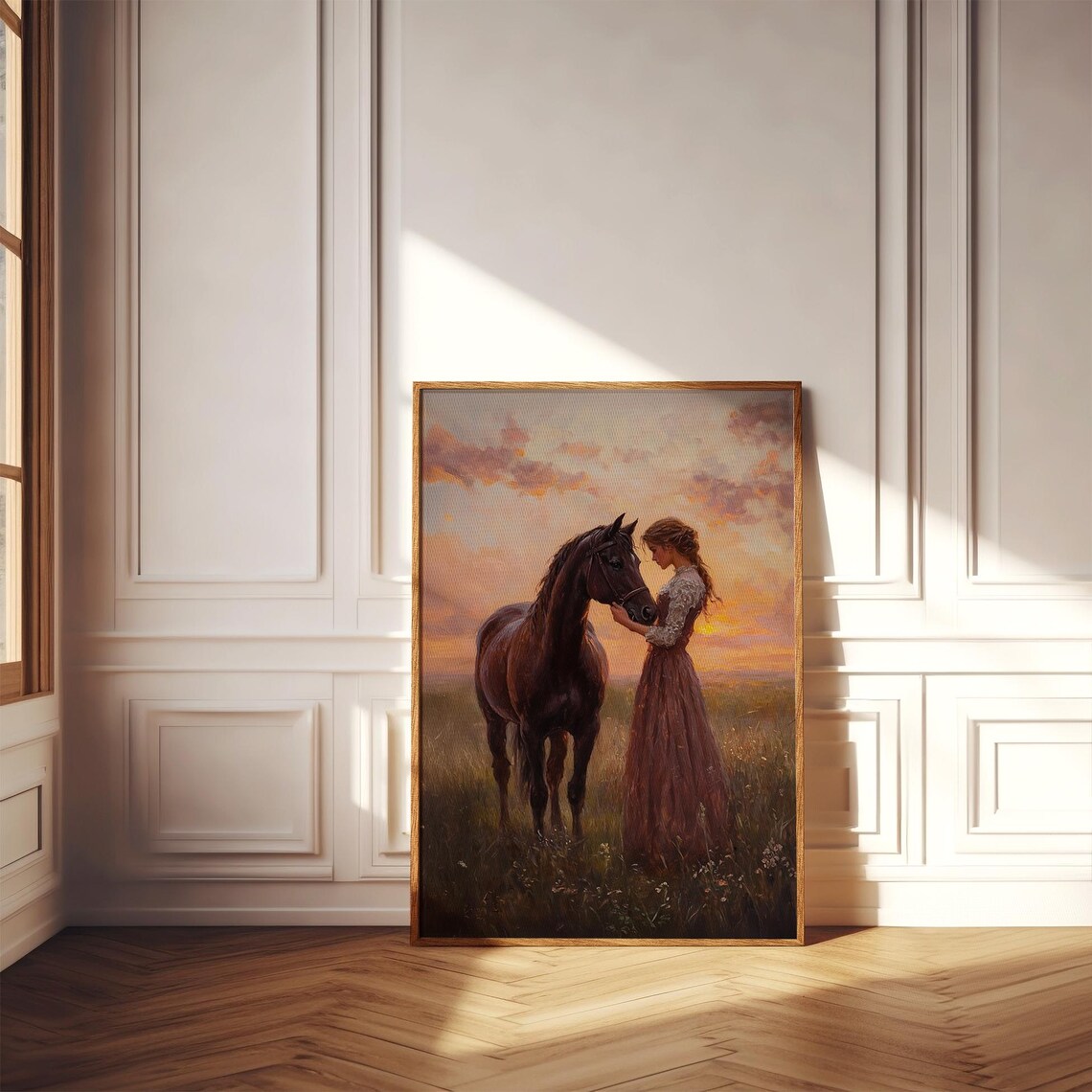 Girl Tenderly Embracing Horse At Sunset Meadow Vintage Oil Poster - Image 3