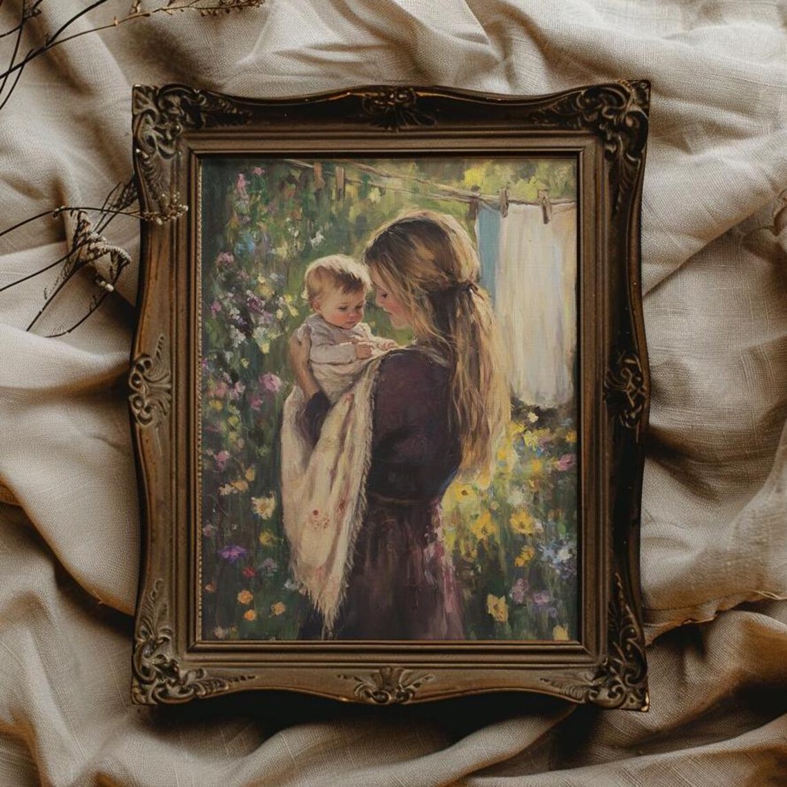 Mother Holding Baby In a Flower Garden Cottagecore Painting Poster