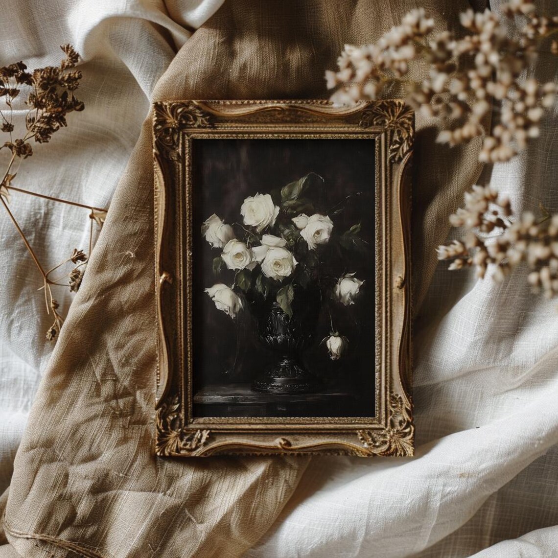 White Roses In Black Urn Moody Floral Still Life Oil Style Poster - Image 4