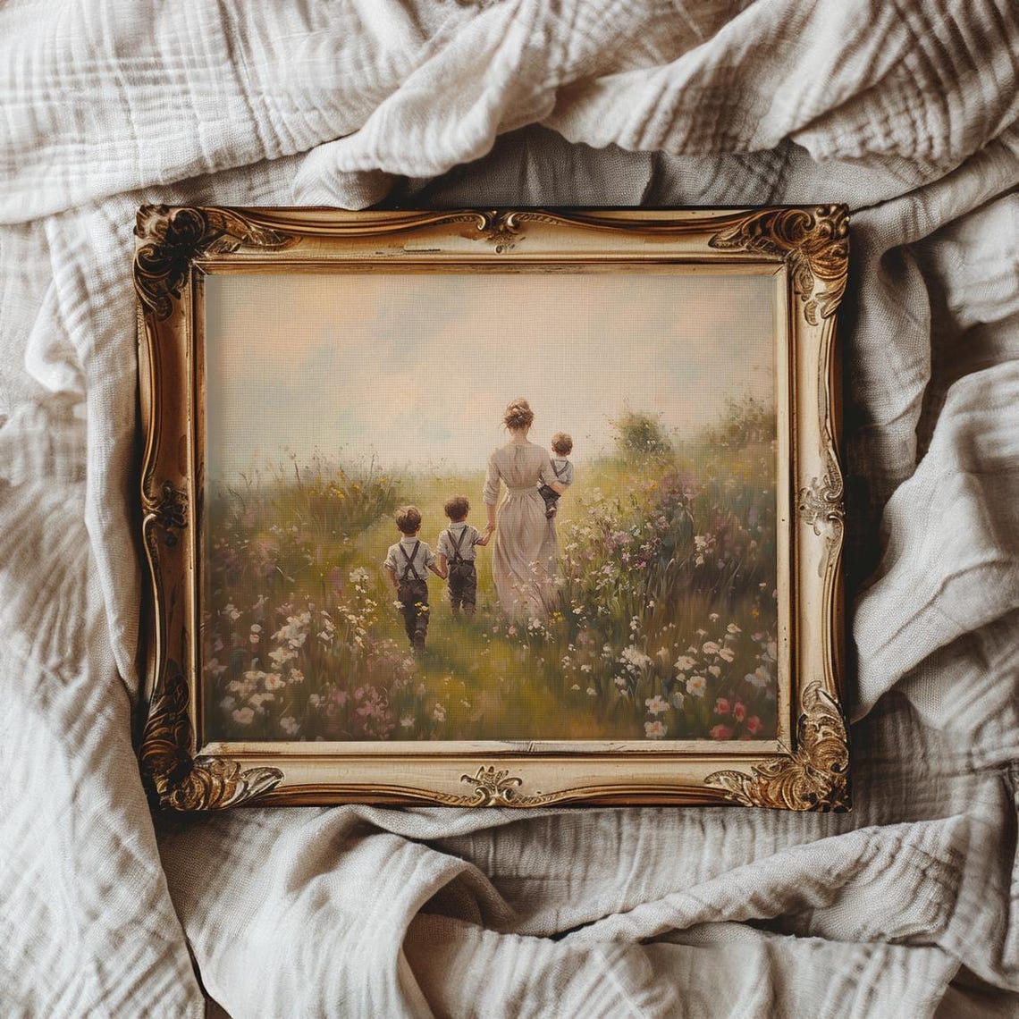 Mother With Three Boys Walking Through Wildflower Meadow Poster - Image 2