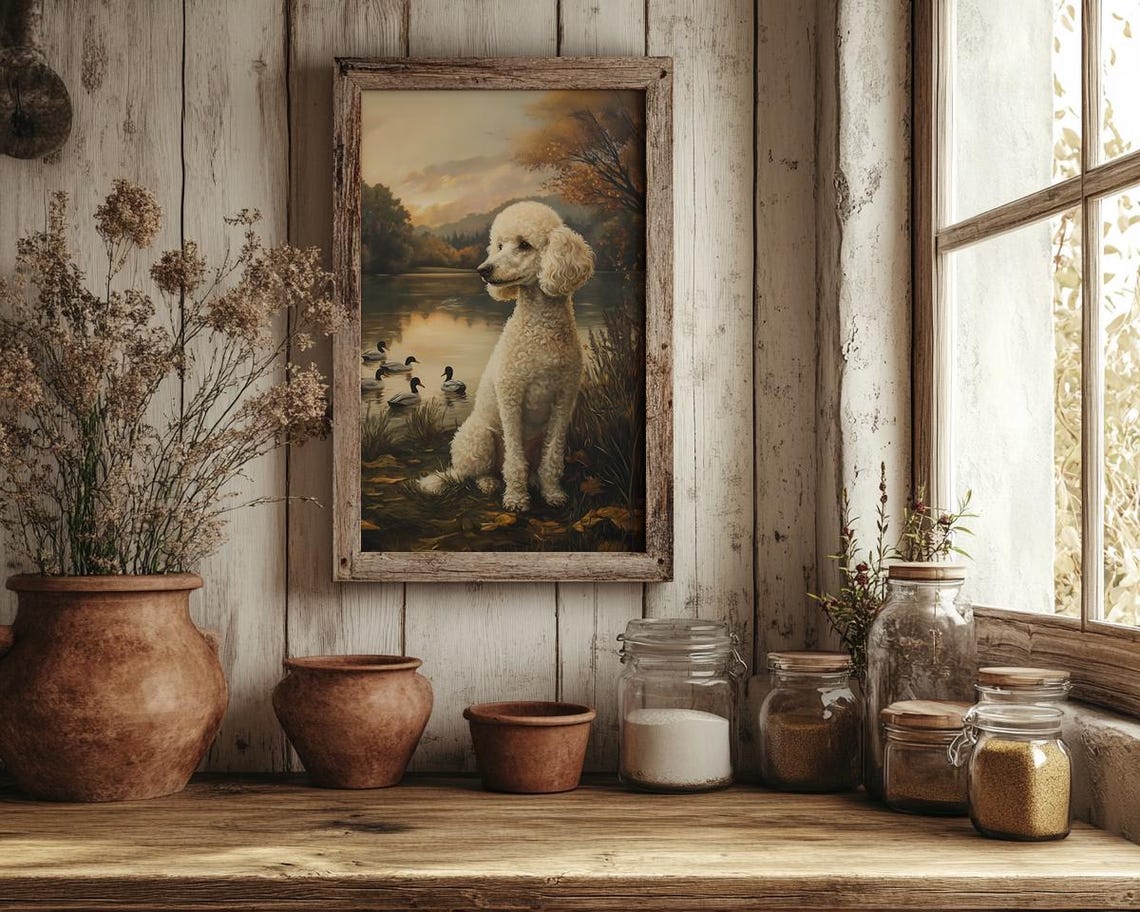 White Standard Poodle Sitting by Autumn Lake With Ducks Poster - Image 3