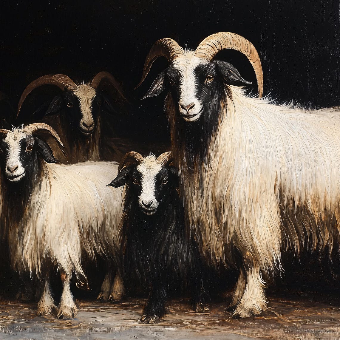 Goats Gathered Inside a Dark Barn Vintage Farm Animal Painting Poster - Image 2