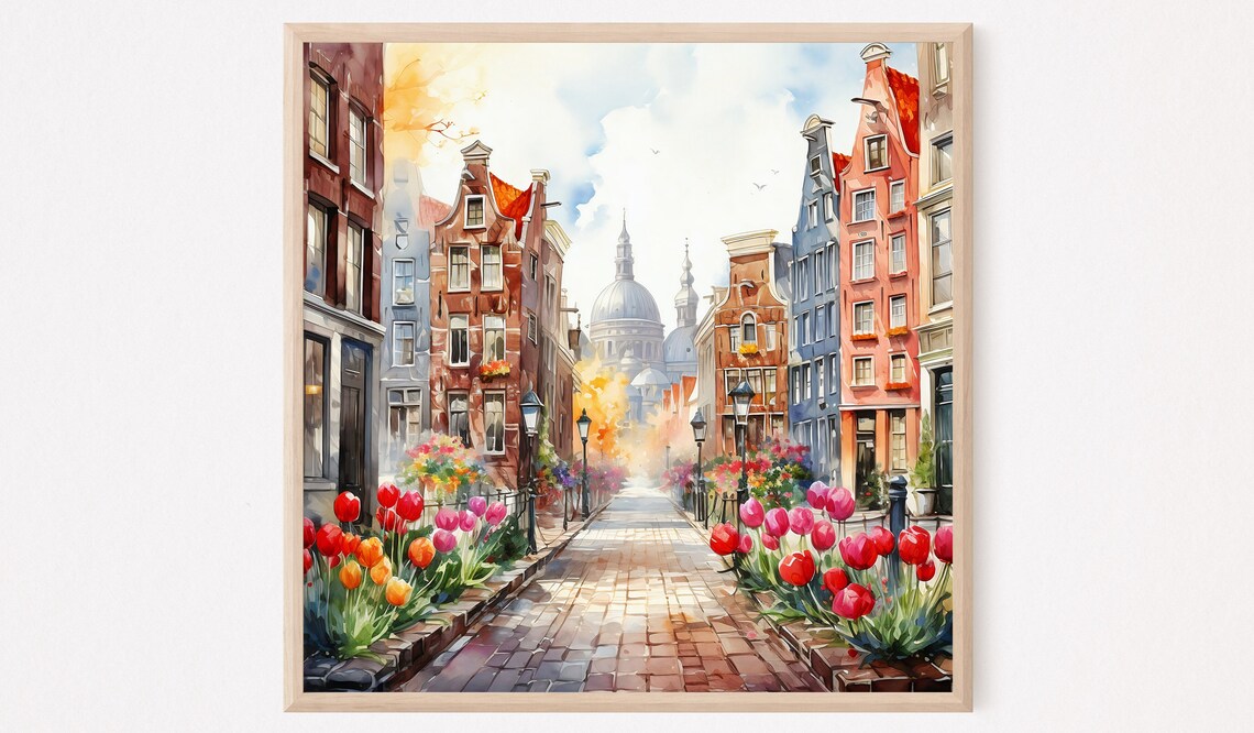 Amsterdam Tulip Street Watercolor with Gabled Canal Houses Print
