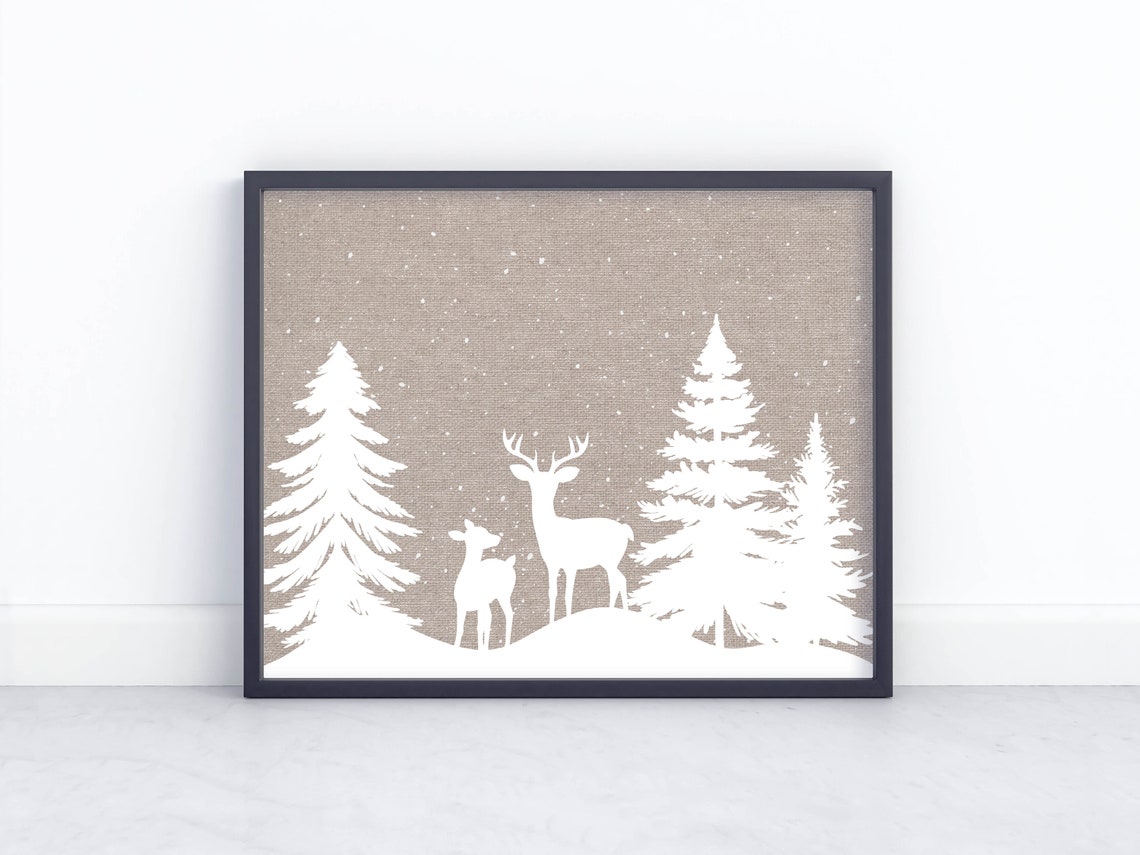 Deer Silhouettes In Snow White On Taupe Winter Woodland Scene Poster - Image 4
