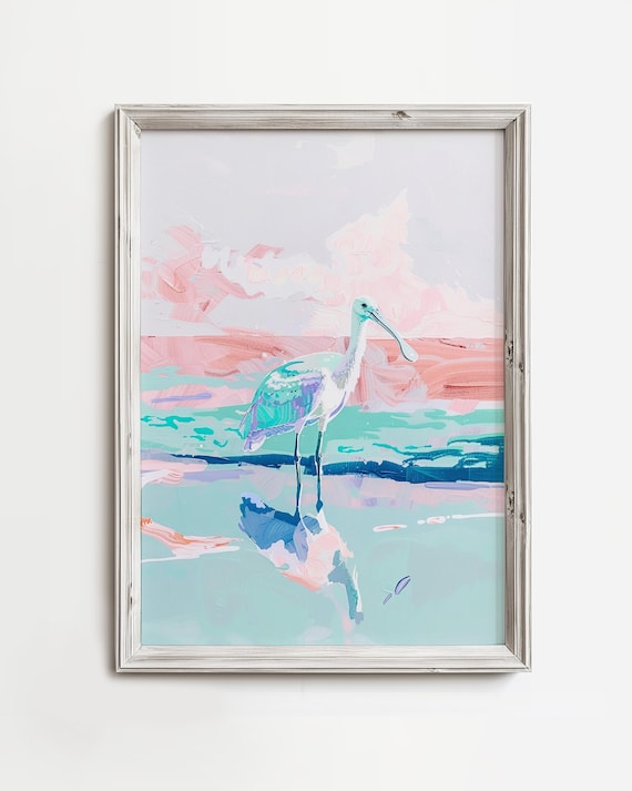 Roseate Spoonbill Wading on Pink Beach Pastel Painting Poster