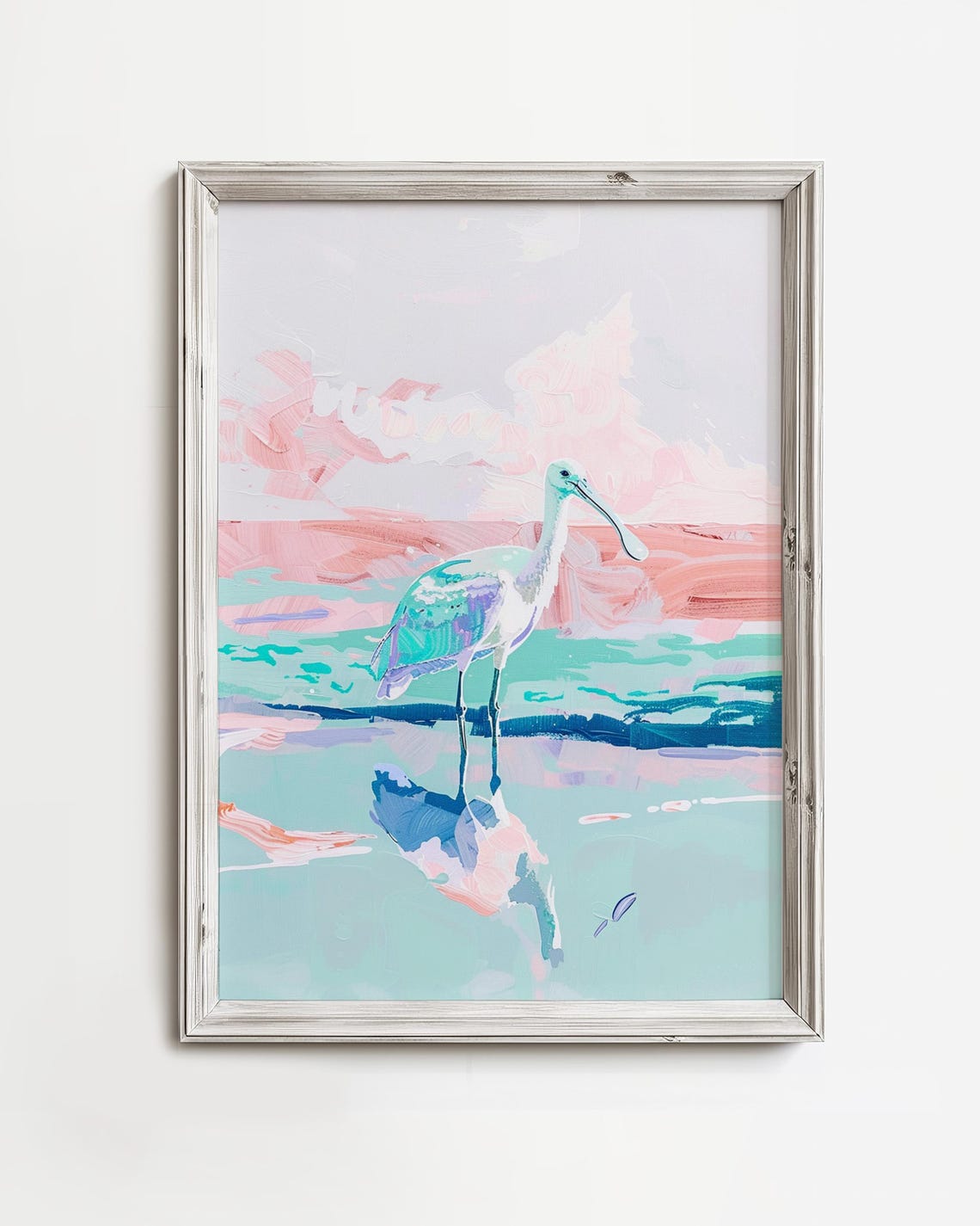 Roseate Spoonbill Wading on Pink Beach Pastel Painting Poster