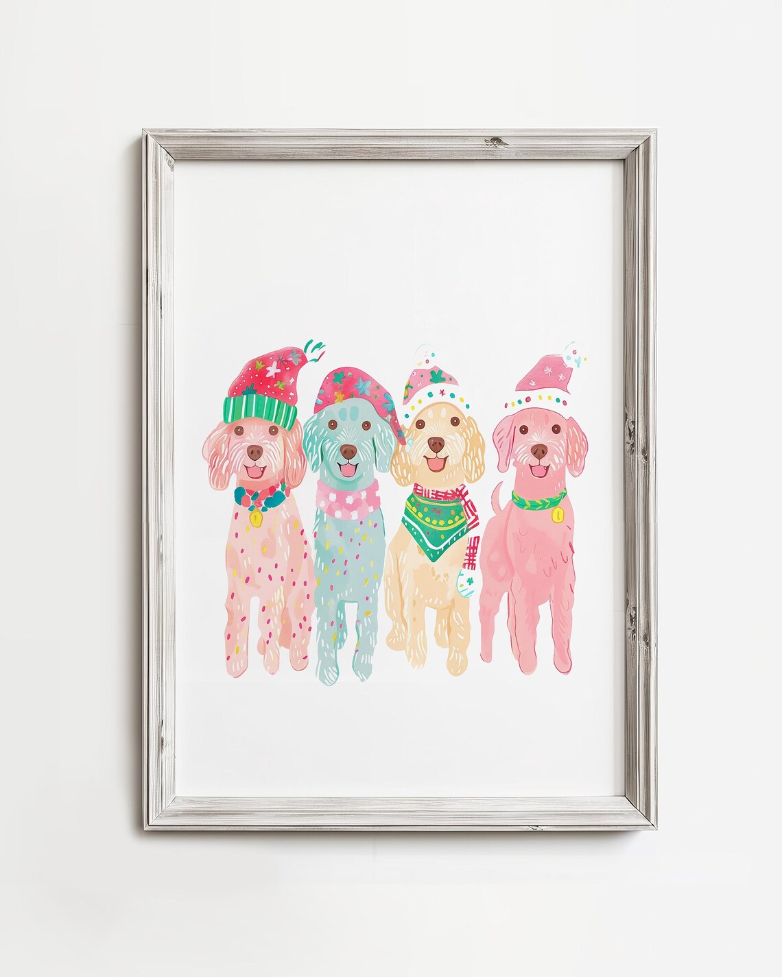 Four Colorful Dogs in Festive Holiday Hats Christmas Whimsical Painting Poster