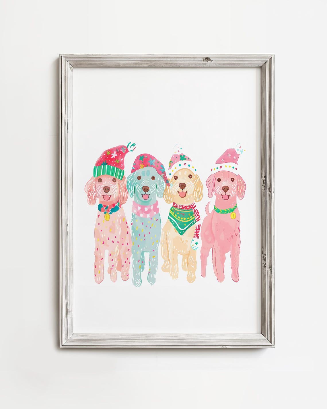 Howliday Cheer Dogs Cute Adorable In Hats Whimsical Christmas Painting Seasonal Print Colorful Pastel Art Holiday Home Decor